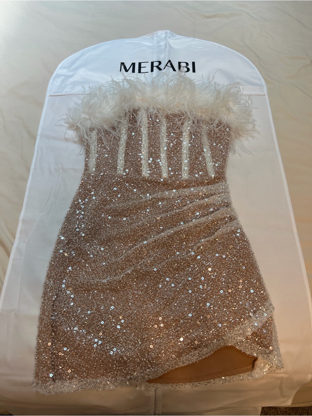 Nadine Merabi Sequin Feather Strapless Mini Dress - Champagne - Picture 2 of 3